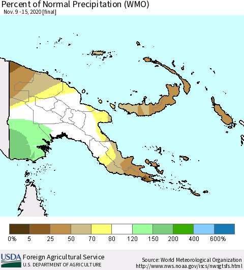 Papua New Guinea Percent of Normal Precipitation (WMO) Thematic Map For 11/9/2020 - 11/15/2020