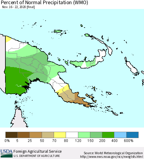Papua New Guinea Percent of Normal Precipitation (WMO) Thematic Map For 11/16/2020 - 11/22/2020
