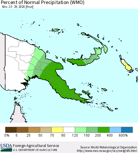 Papua New Guinea Percent of Normal Precipitation (WMO) Thematic Map For 11/23/2020 - 11/29/2020
