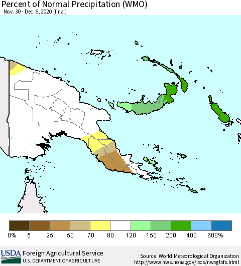 Papua New Guinea Percent of Normal Precipitation (WMO) Thematic Map For 11/30/2020 - 12/6/2020