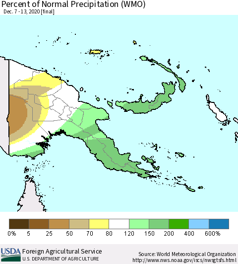 Papua New Guinea Percent of Normal Precipitation (WMO) Thematic Map For 12/7/2020 - 12/13/2020