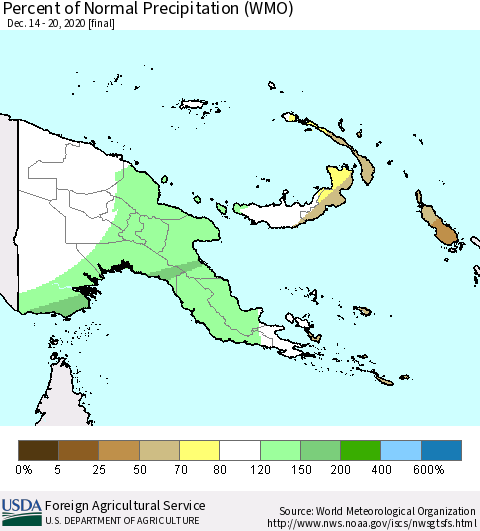 Papua New Guinea Percent of Normal Precipitation (WMO) Thematic Map For 12/14/2020 - 12/20/2020