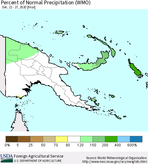 Papua New Guinea Percent of Normal Precipitation (WMO) Thematic Map For 12/21/2020 - 12/27/2020