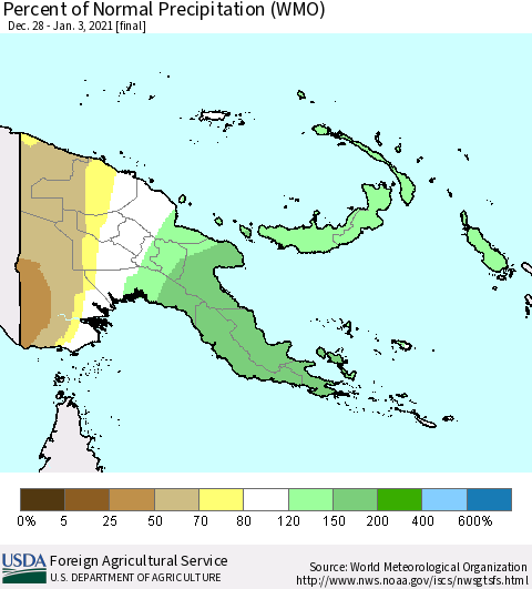 Papua New Guinea Percent of Normal Precipitation (WMO) Thematic Map For 12/28/2020 - 1/3/2021