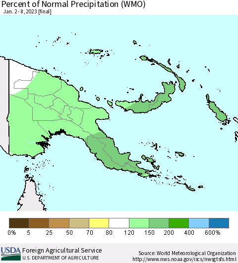 Papua New Guinea Percent of Normal Precipitation (WMO) Thematic Map For 1/2/2023 - 1/8/2023