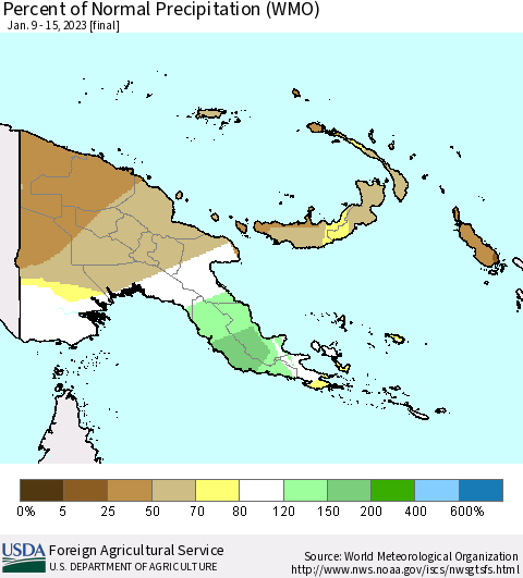 Papua New Guinea Percent of Normal Precipitation (WMO) Thematic Map For 1/9/2023 - 1/15/2023