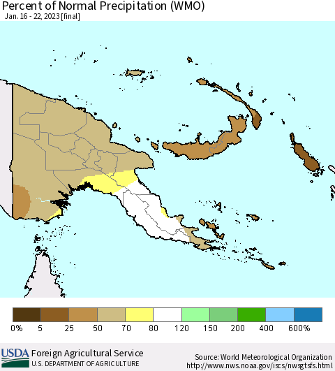 Papua New Guinea Percent of Normal Precipitation (WMO) Thematic Map For 1/16/2023 - 1/22/2023