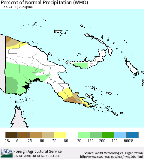 Papua New Guinea Percent of Normal Precipitation (WMO) Thematic Map For 1/23/2023 - 1/29/2023
