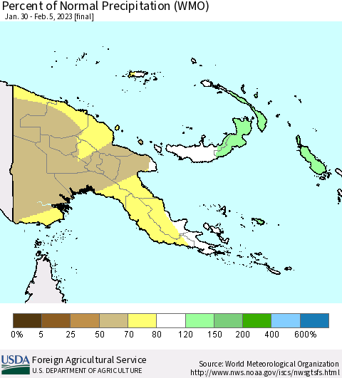 Papua New Guinea Percent of Normal Precipitation (WMO) Thematic Map For 1/30/2023 - 2/5/2023