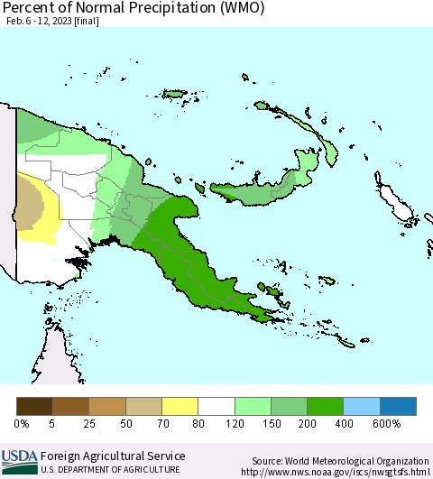 Papua New Guinea Percent of Normal Precipitation (WMO) Thematic Map For 2/6/2023 - 2/12/2023