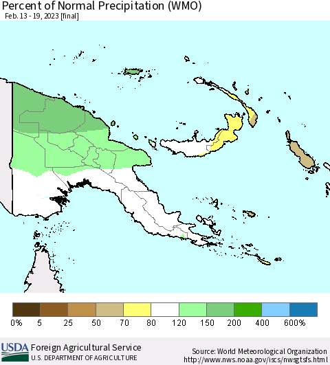 Papua New Guinea Percent of Normal Precipitation (WMO) Thematic Map For 2/13/2023 - 2/19/2023