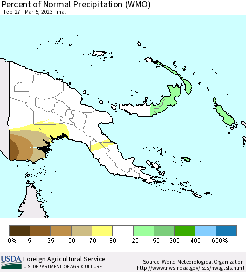 Papua New Guinea Percent of Normal Precipitation (WMO) Thematic Map For 2/27/2023 - 3/5/2023