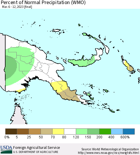 Papua New Guinea Percent of Normal Precipitation (WMO) Thematic Map For 3/6/2023 - 3/12/2023