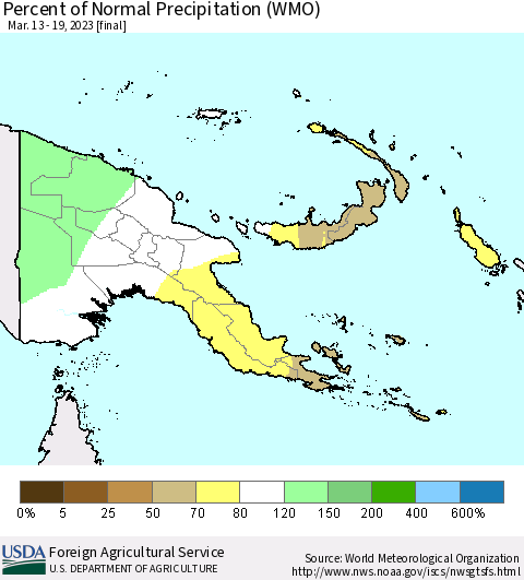 Papua New Guinea Percent of Normal Precipitation (WMO) Thematic Map For 3/13/2023 - 3/19/2023