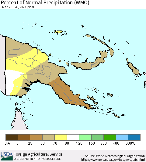 Papua New Guinea Percent of Normal Precipitation (WMO) Thematic Map For 3/20/2023 - 3/26/2023