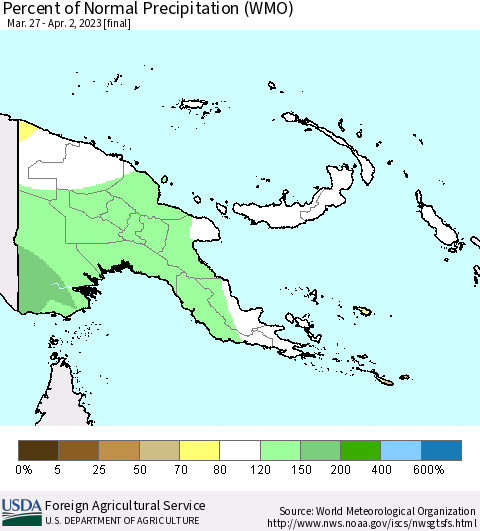 Papua New Guinea Percent of Normal Precipitation (WMO) Thematic Map For 3/27/2023 - 4/2/2023