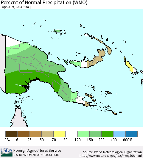 Papua New Guinea Percent of Normal Precipitation (WMO) Thematic Map For 4/3/2023 - 4/9/2023