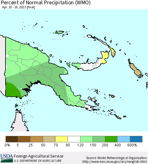 Papua New Guinea Percent of Normal Precipitation (WMO) Thematic Map For 4/10/2023 - 4/16/2023