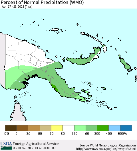 Papua New Guinea Percent of Normal Precipitation (WMO) Thematic Map For 4/17/2023 - 4/23/2023