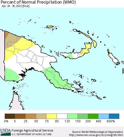 Papua New Guinea Percent of Normal Precipitation (WMO) Thematic Map For 4/24/2023 - 4/30/2023