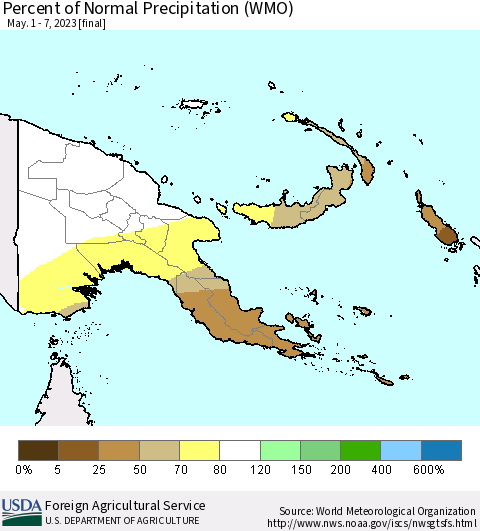 Papua New Guinea Percent of Normal Precipitation (WMO) Thematic Map For 5/1/2023 - 5/7/2023