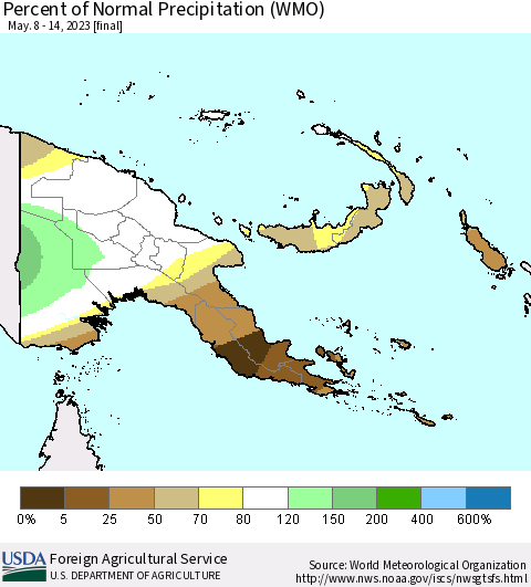 Papua New Guinea Percent of Normal Precipitation (WMO) Thematic Map For 5/8/2023 - 5/14/2023