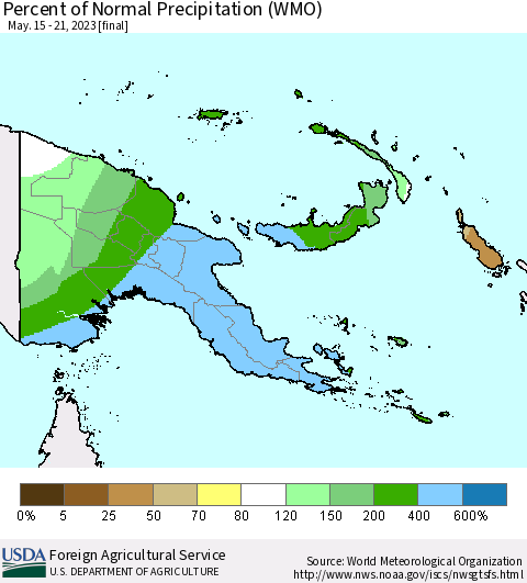 Papua New Guinea Percent of Normal Precipitation (WMO) Thematic Map For 5/15/2023 - 5/21/2023