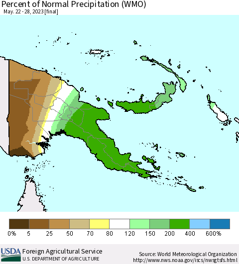 Papua New Guinea Percent of Normal Precipitation (WMO) Thematic Map For 5/22/2023 - 5/28/2023