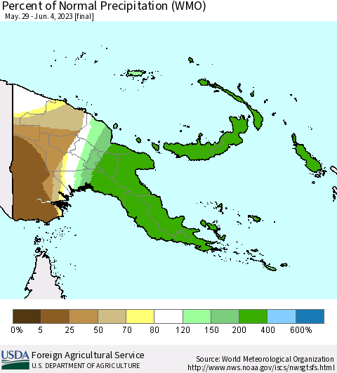 Papua New Guinea Percent of Normal Precipitation (WMO) Thematic Map For 5/29/2023 - 6/4/2023
