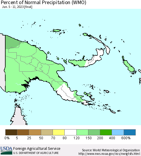 Papua New Guinea Percent of Normal Precipitation (WMO) Thematic Map For 6/5/2023 - 6/11/2023