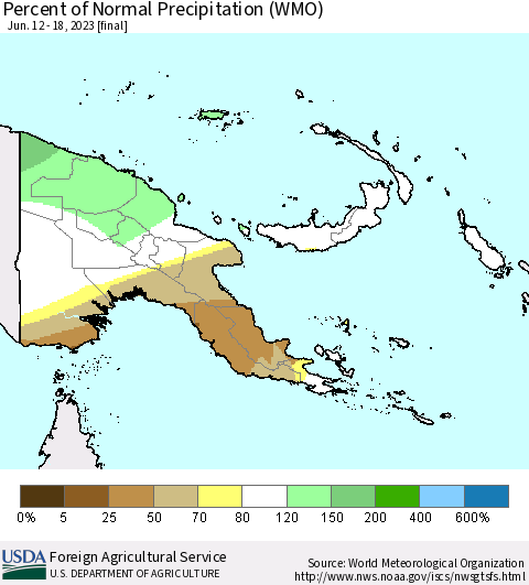 Papua New Guinea Percent of Normal Precipitation (WMO) Thematic Map For 6/12/2023 - 6/18/2023