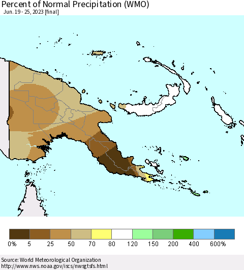 Papua New Guinea Percent of Normal Precipitation (WMO) Thematic Map For 6/19/2023 - 6/25/2023