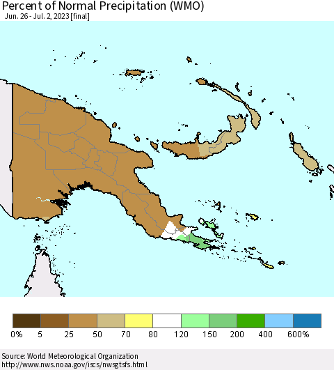 Papua New Guinea Percent of Normal Precipitation (WMO) Thematic Map For 6/26/2023 - 7/2/2023
