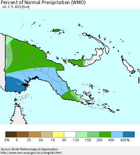 Papua New Guinea Percent of Normal Precipitation (WMO) Thematic Map For 7/3/2023 - 7/9/2023