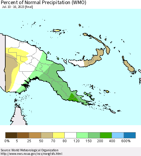Papua New Guinea Percent of Normal Precipitation (WMO) Thematic Map For 7/10/2023 - 7/16/2023