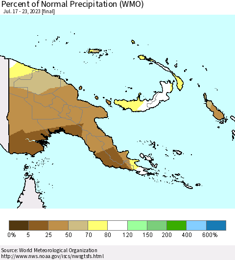 Papua New Guinea Percent of Normal Precipitation (WMO) Thematic Map For 7/17/2023 - 7/23/2023