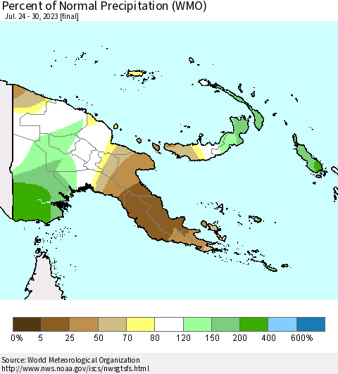 Papua New Guinea Percent of Normal Precipitation (WMO) Thematic Map For 7/24/2023 - 7/30/2023