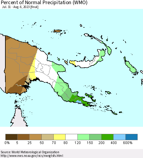Papua New Guinea Percent of Normal Precipitation (WMO) Thematic Map For 7/31/2023 - 8/6/2023