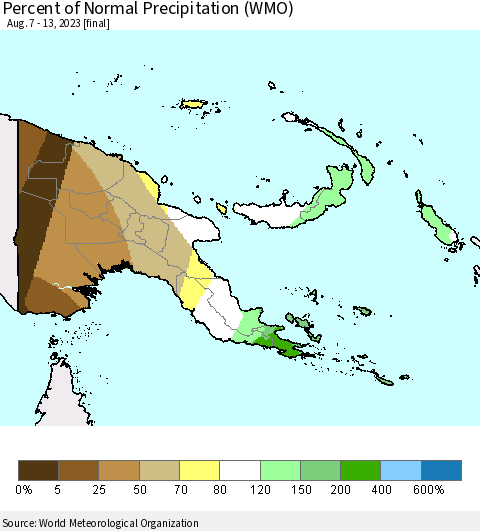 Papua New Guinea Percent of Normal Precipitation (WMO) Thematic Map For 8/7/2023 - 8/13/2023