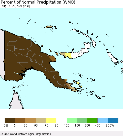 Papua New Guinea Percent of Normal Precipitation (WMO) Thematic Map For 8/14/2023 - 8/20/2023