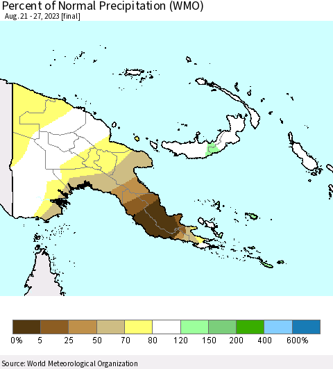 Papua New Guinea Percent of Normal Precipitation (WMO) Thematic Map For 8/21/2023 - 8/27/2023