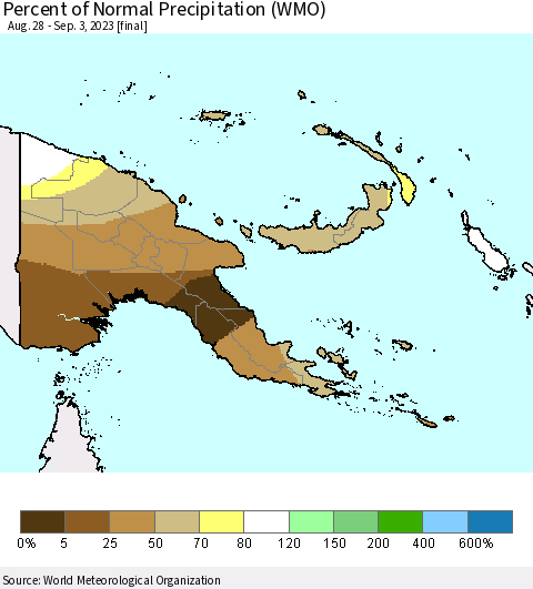Papua New Guinea Percent of Normal Precipitation (WMO) Thematic Map For 8/28/2023 - 9/3/2023