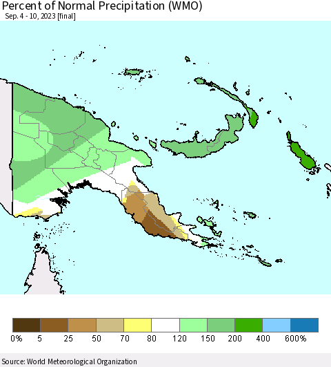 Papua New Guinea Percent of Normal Precipitation (WMO) Thematic Map For 9/4/2023 - 9/10/2023