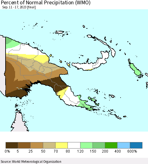 Papua New Guinea Percent of Normal Precipitation (WMO) Thematic Map For 9/11/2023 - 9/17/2023