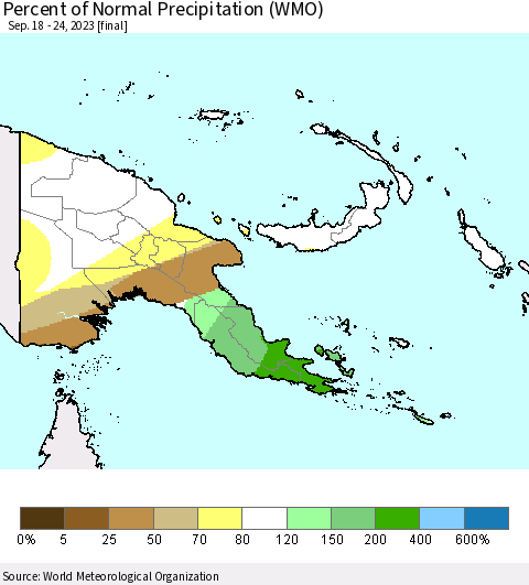 Papua New Guinea Percent of Normal Precipitation (WMO) Thematic Map For 9/18/2023 - 9/24/2023