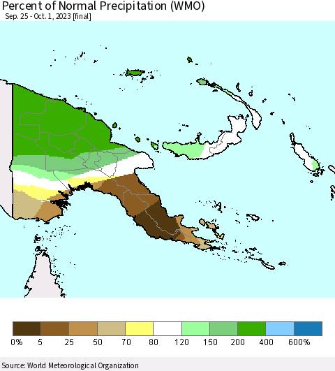 Papua New Guinea Percent of Normal Precipitation (WMO) Thematic Map For 9/25/2023 - 10/1/2023