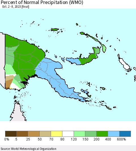 Papua New Guinea Percent of Normal Precipitation (WMO) Thematic Map For 10/2/2023 - 10/8/2023