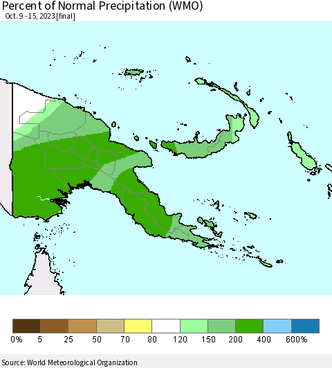 Papua New Guinea Percent of Normal Precipitation (WMO) Thematic Map For 10/9/2023 - 10/15/2023
