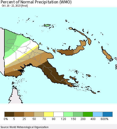 Papua New Guinea Percent of Normal Precipitation (WMO) Thematic Map For 10/16/2023 - 10/22/2023