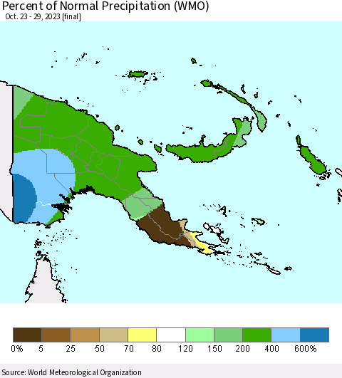 Papua New Guinea Percent of Normal Precipitation (WMO) Thematic Map For 10/23/2023 - 10/29/2023